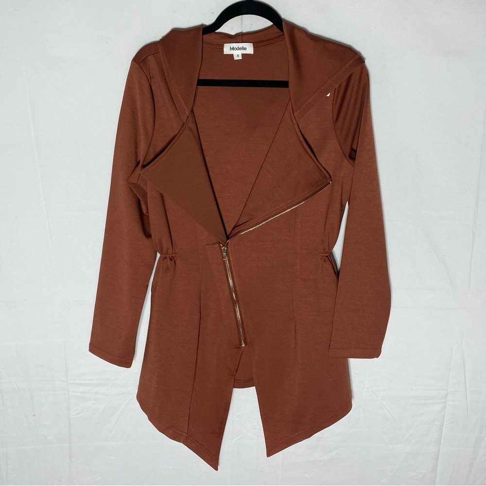 Modelle Rust Brown Cotton Asymmetrical Zip Waist Jacket W Waterfall Front 8